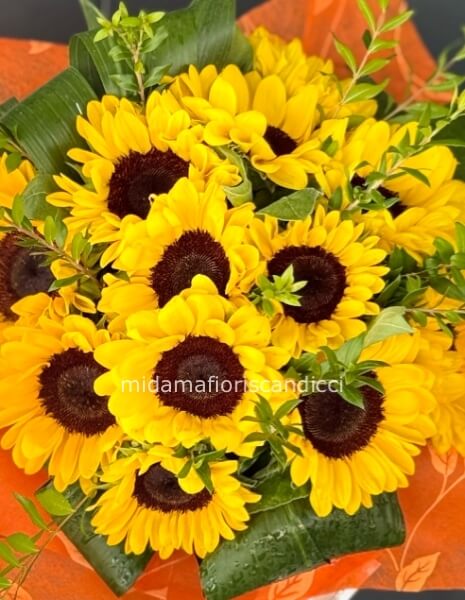 Bouquet di girasoli gialli con foglie verdi decorative, confezione arancio.